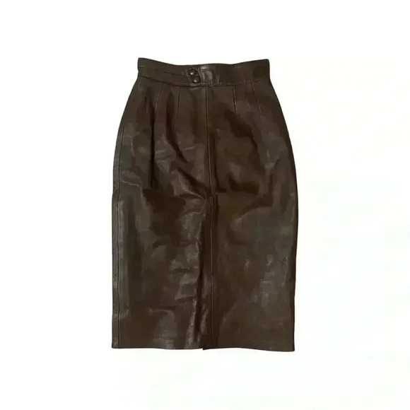 Vintage 70s Brown Leather Pencil Skirt EU 36 XXS - Picture 1 of 14